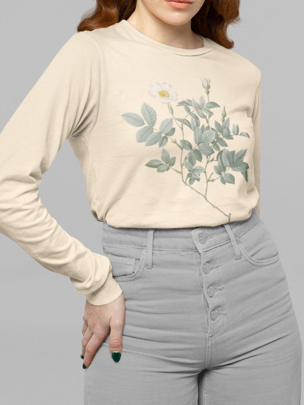 Rose Vintage Floral Print Long Sleeve Graphic Tee T-shirt S-XXL